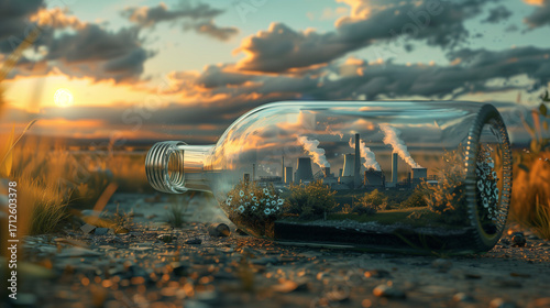 Conceptual photo of air pollution and ecology: an industrial city with smog trapped inside a glass bottle, contrasting with clean nature outside, symbol of environmental protection