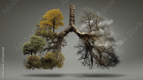 Creative ecological concept: double exposure of human lungs formed by tree branches, half green and healthy, half dry with smoke, symbol of air pollution and environmental protection