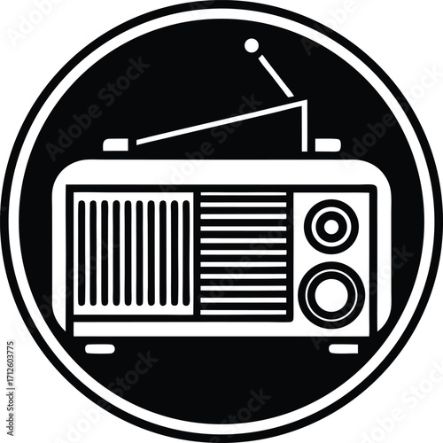 Black and white retro automobile with a vintage radio icon on the front bumper