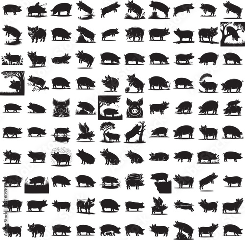 Pig full black silhouette set in various poses