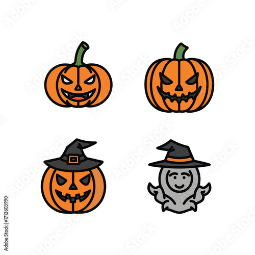 Halloween Pumpkins and Ghost Icons Set.