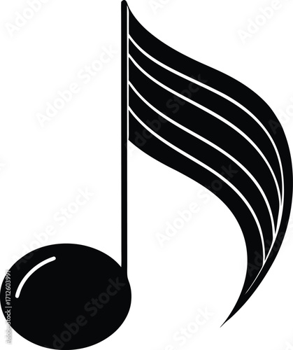 A 3D musical note icon with a shiny black finish and a clear reflection