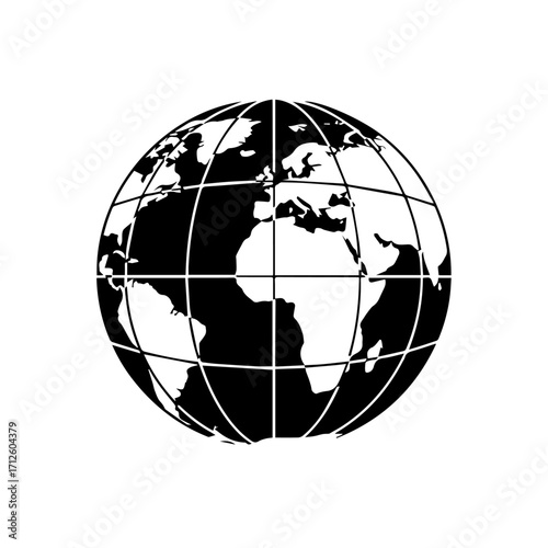 Black and White Globe Illustration with Grid Lines and Continents