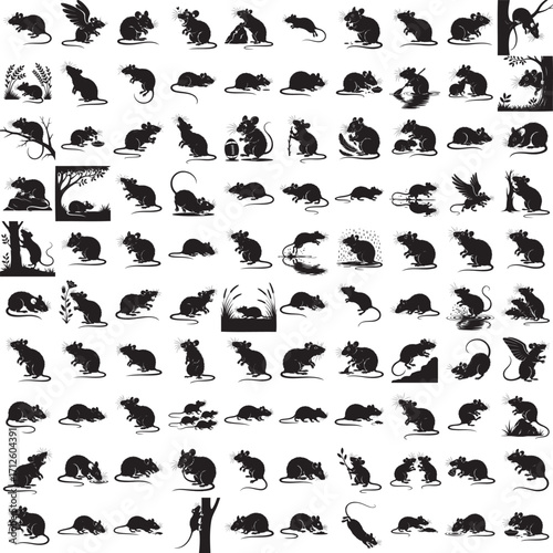 Rat full black silhouette set in various poses