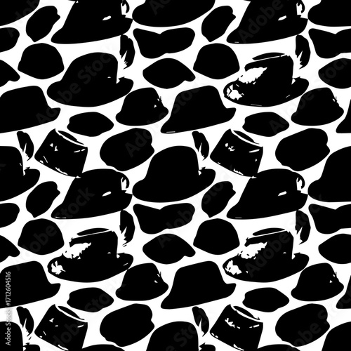 Black and White Hat Pattern with Fedora, Bowler, and Top Hat Silhouettes