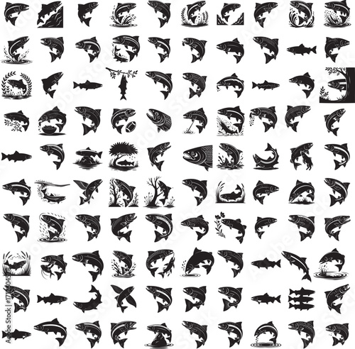 Salmon full black silhouette set in various poses