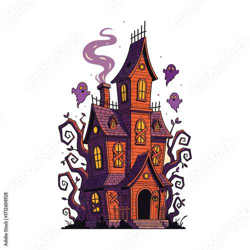 Spooky Haunted House Pixel Art Illustration.