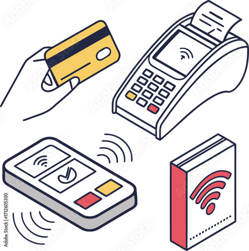Isometric icons on wireless and mobile payments and e-commerce transactions Contactless payment and digital financial technology vector icons