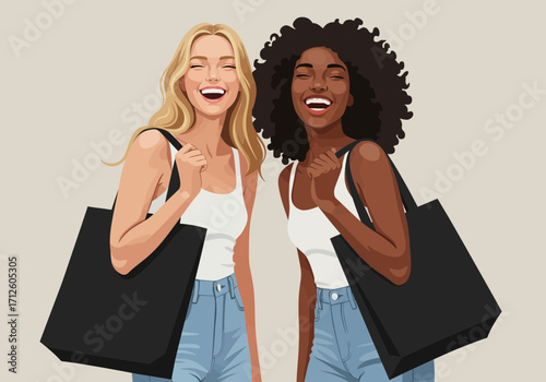 Stylish diverse female friends laughing together after shopping.