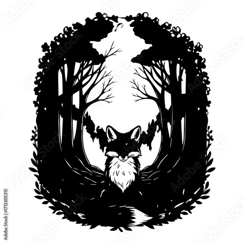 Black and white silhouette illustration of a serene fox in a decorative forest frame.