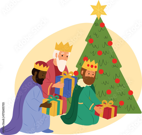 Los tres Reyes Magos dejando regalo bajo el árbol de navidad