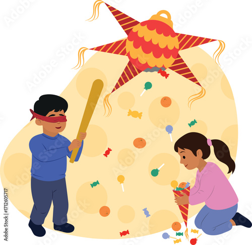niño rompiendo piñata y niña recogiendo los dulces en fiesta mexicana