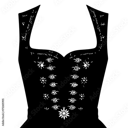 Black Dirndl Bodice Silhouette with White Traditional Bavarian Floral and Scrollwork Embellishments