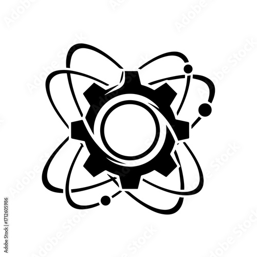Black Gear with Orbiting Electrons:  Science and Technology Logo Design