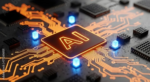 Close-Up Circuit Board with Glowing Orange AI Symbol and Blue Lights