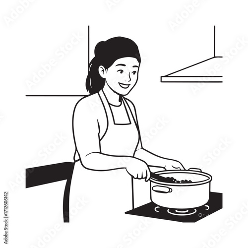 Black and White Vector Illustration of a Smiling Woman Cooking in Kitchen with Apron and Headband