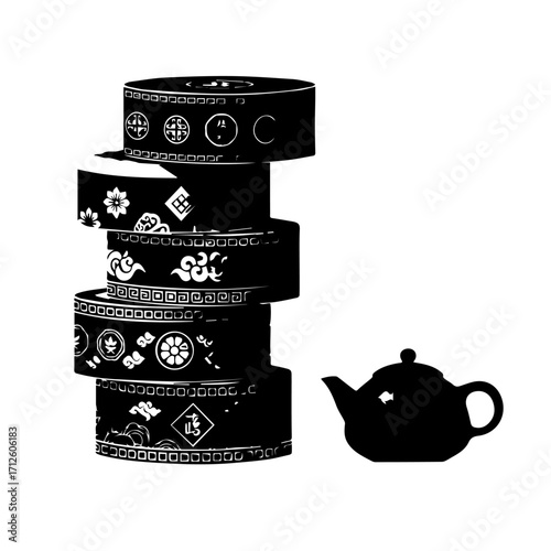 Black silhouette stack of decorative tea caddies with Asian patterns and a matching teapot