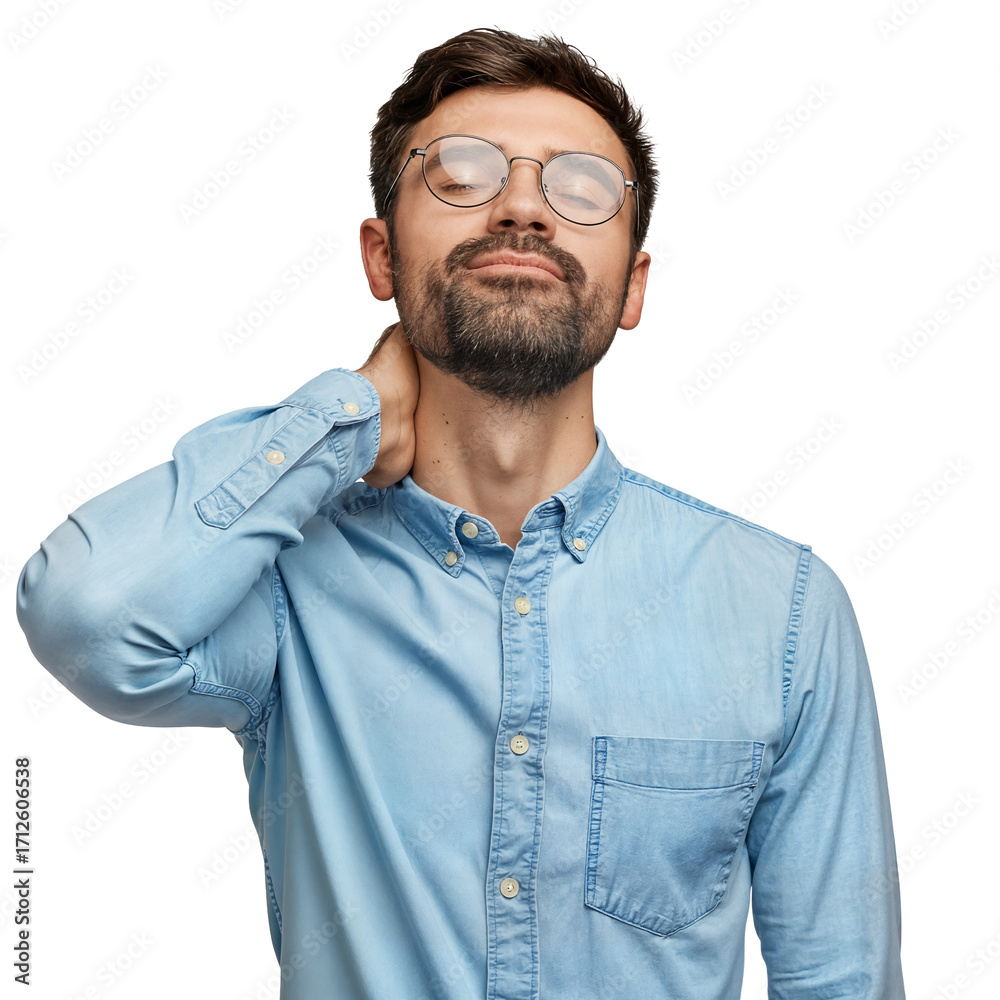 Obraz premium Relaxed young bearded man touching his neck, looking upward with eyes closed, conveying peace and contentment on an isolated transparent background.