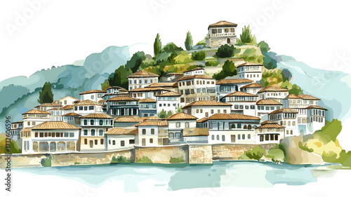 Berat Old Town. Berat Old Town watercolor vector illustration