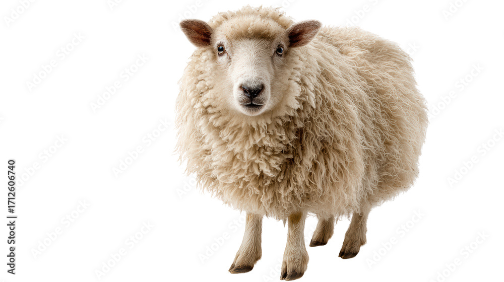 Fototapeta premium A fluffy sheep standing on a white isolated background.