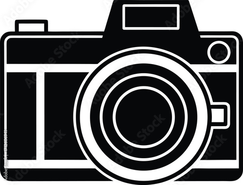 Digital camera vector illustration with a black photographic film lens icon