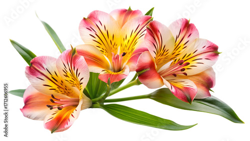 Beautiful alstroemeria flowers with pink and yellow petals and green leaves isolated on transparent background, creating a vibrant and eyecatching floral display