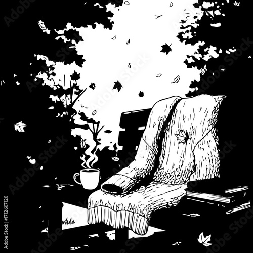 Cozy Knitted Sweater and Steaming Mug on Autumn Park Bench