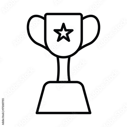Outline of a trophy with handles and a star on its body atop a rectangular base. Line icon. Editable stroke