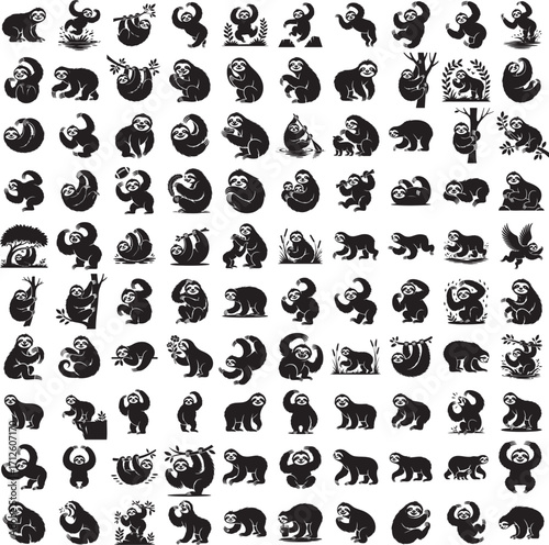Sloth full black silhouette set