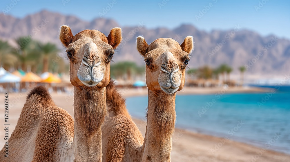 Obraz premium Two camels standing on a beach with a blue ocean in the background