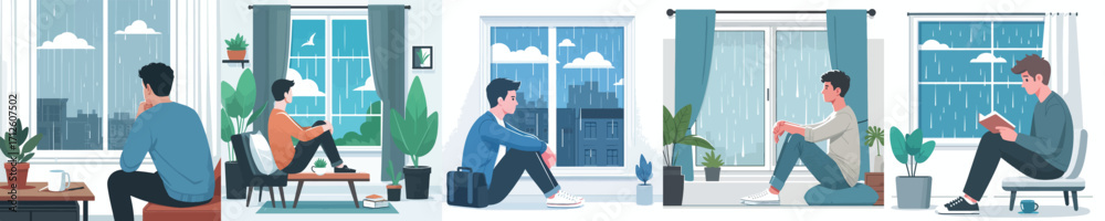 vector of a man sitting by the window looking at the rain