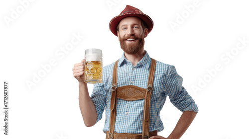 Cheerful man in traditional attire holding beer mug, white isolated background.