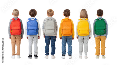 Children with backpacks of different colors standing in a row, facing away on a white isolated background.