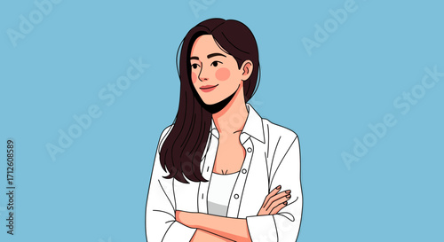 Confident brunette woman with crossed arms wearing a white buttondown shirt.