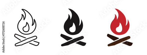 Campfire vector icons set. Fire flame and woods icon. Bonfire sign