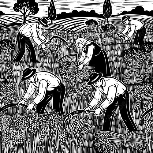 Farmers harvesting wheat in a field with scythes and bundles