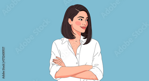 Confident Woman with Bob Haircut and White Shirt Looking Sideways.