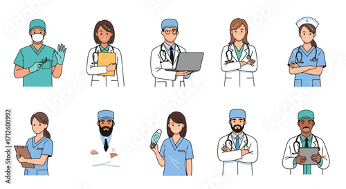 Diverse Group of Cartoon Medical Professionals in Uniforms with Various Tools.