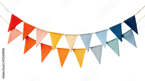 Colorful flags strung together, perfect for decor and celebrations, isolated on white background.