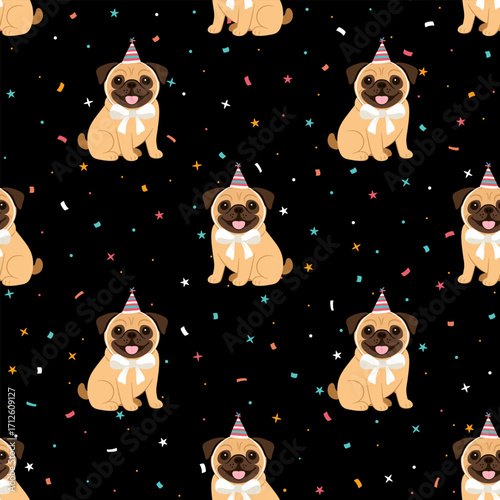 Seamless funny pug dog happy. Pug with birthday hat and confetti