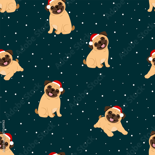 Seamless pattern with funny pugs with christmas hat.