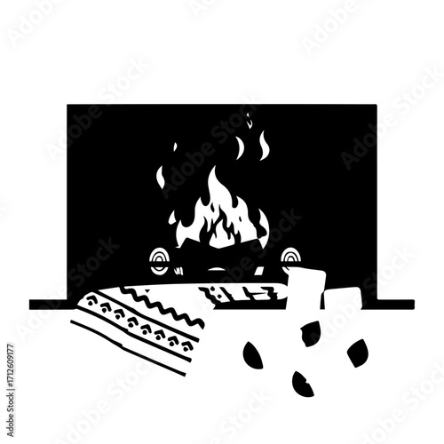Graphic black and white fireplace illustration featuring a warm fire, patterned blanket, and scattered popcorn.