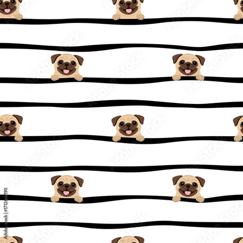 Seamless pattern with pug dog on strip background