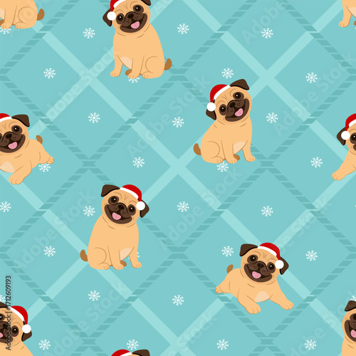 Seamless pattern with funny pugs with christmas hat on cell background