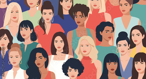 Diverse group of women with various hairstyles and skin tones in close proximity.