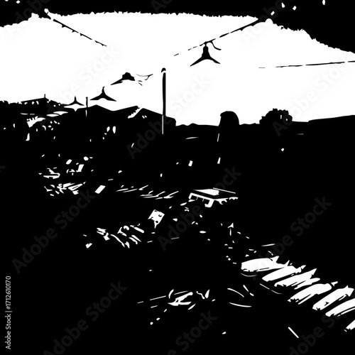High-contrast black and white graphic illustration depicting a bustling street market with silhouettes.