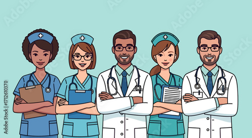 Diverse Medical Team Smiling Doctors and Nurses with Clipboards and Stethoscopes.