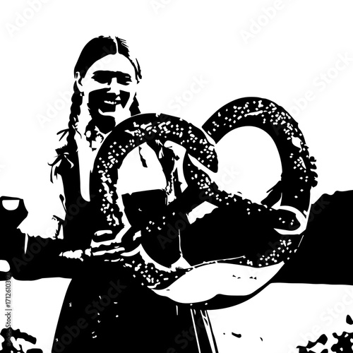 High-contrast graphic of a smiling woman with braids in a dirndl holding a large salted pretzel.