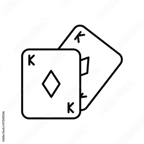 Two playing cards both Kings of diamonds with one overlapping the other and both in outline style. Line icon. Editable stroke
