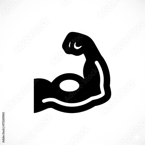 Black silhouette icon of a flexed bicep, symbolizing strength, power, and fitness on a gray background.